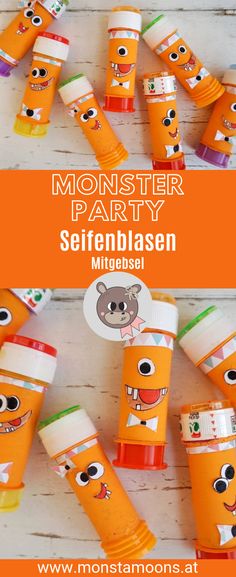 orange monster party cups with faces on them and the words monsters party written in white