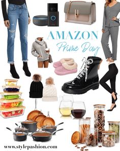 a woman standing in front of a pile of food and other items with the words amazon prime