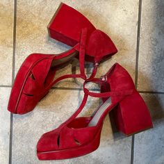 These Are The Best, They Just Didn’t Go With My Outfit Brand New, Never Worn Red Round Toe Heels For Spring, Spring Red Round Toe Heels, Red Block Heels With Stacked Heel, Retro Red Heels For Spring, Red Stacked Heel Party Heels, Retro Spring Heels With Red Sole, Red Open Heel Stacked Heels, Retro Red Block Heel Shoes, Red Retro Block Heel Shoes