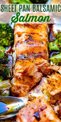 salmon, broccoli and other vegetables on a plate with the words sheet pan balsamic salmon