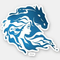 a blue and white sticker with a horse's head in the shape of a woman