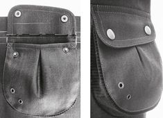 two pictures of the back pocket of a pair of jeans with buttons on each side