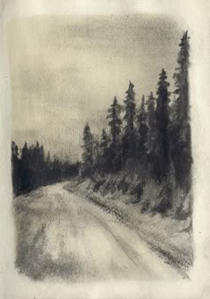 a black and white drawing of trees on the side of a road