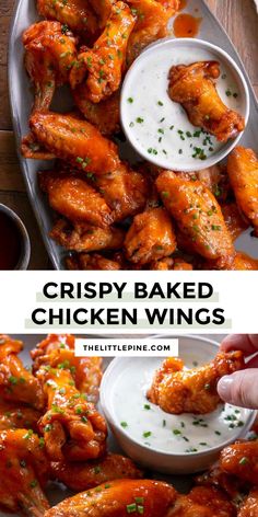 crispy baked chicken wings with ranch dressing on the side and in a serving dish