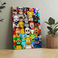 an image of a bunch of cartoon characters on a canvas next to a potted plant