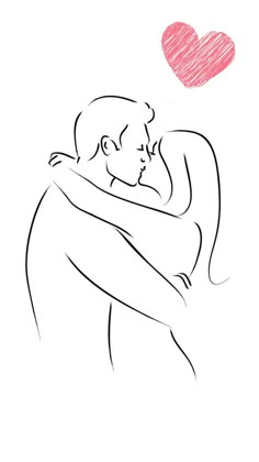 a drawing of a man hugging a woman with a heart in the air above his head