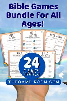 the bible games bundle for all ages is shown with text overlay that says, 24 games