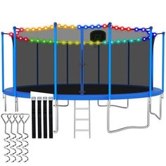 a blue trampoline with lights and ladders