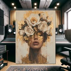 a painting with flowers on it in a recording studio