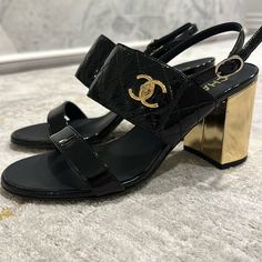 Perfect Condition - Unworn Chanel Patent Leather Sandal With Gold Emblem And Heel Fashion Baby, Chanel Shoes, Women's Shoes Sandals, Leather Sandals, Baby Fashion, Patent Leather, Limited Time, Shoes Sandals, Chanel