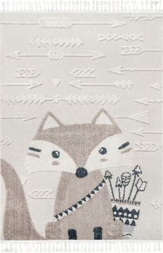 a white rug with a fox and flowers on it