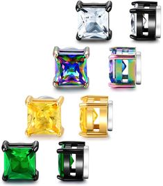 PRICES MAY VARY. ❤SET OF 4 PAIRS❤-In one set of piercing earrings studs, you can get four pairs square of magnetic earrings in different colors AAA+ Cubic Zirconia(clear cz stone, rainbow cz stone, yellow cz stone, and green cz stone) giving you more choices and matching inspiration. This 6mm size stainless steel stud can be used not only as earlobe earrings but also as tragus earrings, cartilage earrings,helix earrings. ❤PREMIUM MATERIAL❤-These square earrings are made of high quality titanium Magnetic Earrings For Men, Square Multicolor Earrings For Gift, Cheap Multicolor Drop Clip-on Earrings, Square Earrings Studs Men, Earlobe Earrings, Cheap Multicolor Nickel-free Plug Earrings, Earrings Men, Earrings Cartilage, Nickel-free Multicolor Glass Earrings