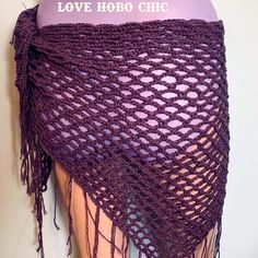 Scallop pattern mesh lace crochet triangle shawl/sarong with fringe.  The pattern is open and light, perfect for a beach cover up, or a light spring neck or head scarf. It is made with a light 100% cotton yarn, in a purple grape color Measures 60" X 30" not including the fringe, each fringe is about 7" long This item is washable, and durable. For best results wash as follows:  Gentle wash in cold Hang dry or dry flat This item is handmade with love by me! Check out my more wraps and other items at my shop here: https://www.etsy.com/shop/LoveHoboChic One Size Beach Shawl With Fringe, Summer Lace Shawl, Handmade Bohemian Shawl For The Beach, Scallop Crochet Pattern, Bohemian Open Knit Shawl, Bohemian Crochet Lace Shawl For Summer, Beach Crochet Shawl One Size, Summer Beach Crochet Shawl, Crochet Shawl For Summer Beach