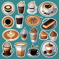 coffee stickers are arranged on a blue background