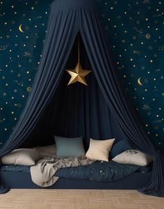 a bed with a canopy and stars on the wall