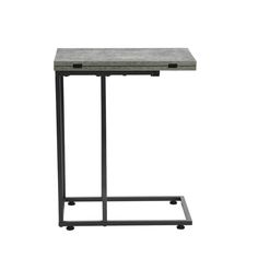 a black metal and marble side table with wheels on the bottom, against a white background