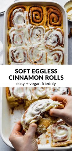 soft eggless cinnamon rolls in a baking dish