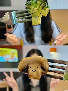 a woman holding a fork with a piece of broccoli on top of it