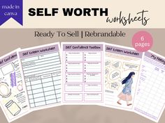 the self worth worksheet is shown with four pages to help students learn how to use