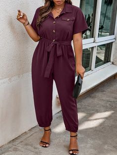 Plus Size Single-Breasted Belted Casual Short Sleeve Jumpsuit, Summer Maroon Casual  Short Sleeve Woven Fabric Plain Shirt Non-Stretch  Women Plus Clothing, size features are:Bust: ,Length: ,Sleeve Length: Curvy Clothes Plus Size, Plus Size Fashion For Women Summer, Curvy Clothes, Clothes Plus Size, Short Sleeve Jumpsuit, Short Sleeve Jumpsuits, Jumpsuit Summer, Plain Shirt, Slim Fit Top