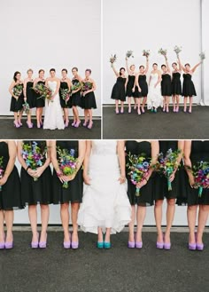 the bridesmaids are all dressed in black dresses and purple high heeled shoes