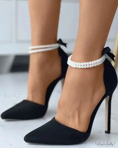 Lasaky - Pumps with stiletto heel and ankle strap with pearls Black Heels With Pearl Strap, 1 Inch Heels Shoes, Closed Toe Prom Heels, Black High Heels Classy, Black Pearl Heels, Black Heels With Pearls, Prom Heels Closed Toe, Black High Heels For Prom, Pearl Heels Black