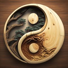 the yin - yang symbol is made out of wood and has pine trees on it