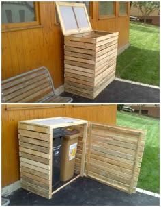 two pictures of the outside of a building with wooden slats and trash cans in it