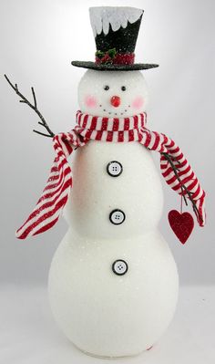 a snowman with a top hat and scarf on it's head, standing in front of a white background