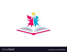 an open book with two people holding hands and stars on the pages, logo design