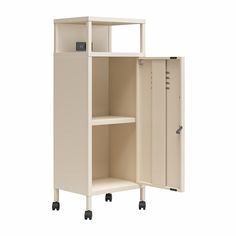 an open cabinet with wheels on each side