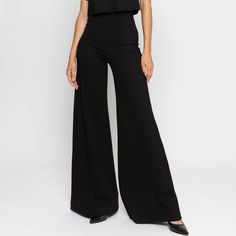 Black Ponte Knit Wide Leg Pant Stretch High Waist Wide Leg Pants For Evening, Sleek Wide Leg Flare Pants For Night Out, Sleek Wide Leg Flare Pants For Evening, Sleek Flare Wide Leg Pants For Evening, High Rise Wide Leg Pants For Fall, Chic High Rise Wide Leg Pants For Fall, High-rise Wide Leg Pants For Fall, Fall High Rise Wide Leg Pants, Modern Flare Pants For Fall