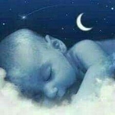 a painting of a sleeping baby in the sky with stars and crescents above it