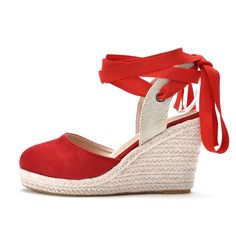 Details: Style:Elegant, Bohemian Heels Type:Platform Heels Heel height: 10.5cm Closure Type:Lace up Toe:Round Toe Upper Material:PU Leather Sole Material:Espadrille Lining Material:PU Leather Occasion: Suitable for a variety of casual and semi-formal settings and outdoor gatherings. Elegant Red Wedge Sandals For Summer, Bohemian Heels, Ladies Casual Shoes, Elegant Bohemian, Sandals Comfortable, Elegant High Heels, Comfortable Slippers, Wedges Style, Platform Espadrilles