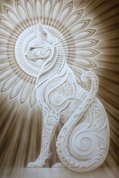 a drawing of a cat sitting on top of a white surface with sun rays behind it