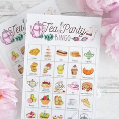 two tea party bingo cards with pink flowers