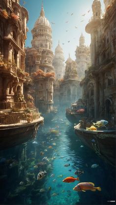 an underwater city with many buildings and fish swimming in the water, surrounded by smaller boats