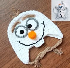 a crocheted snowman hat with googly eyes