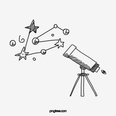 a black and white drawing of a telescope on a tripod with stars around it