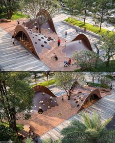 an aerial view of people walking and sitting on benches in the middle of a park