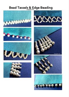 instructions for bead tassels and edge beading on a blue fabric background