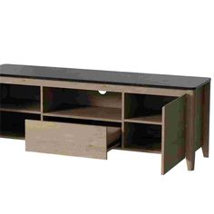 an entertainment center with two drawers and a shelf on one side that is open to the other