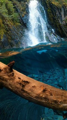 an underwater view of a waterfall with blue water and mossy trees in the foreground