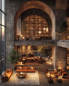 a large library with lots of bookshelves and couches in front of it