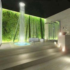 a bathroom with a tub, shower head and plants on the wall next to it