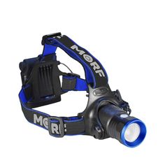 a black and blue headlamp with a white light on the top of it