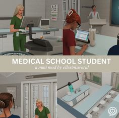 the medical school student is working on her computer and talking to two nurses in scrubs