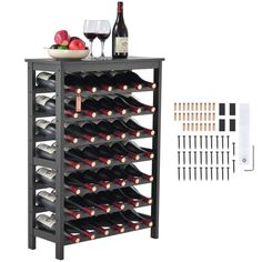 the wine rack is holding many bottles and glasses