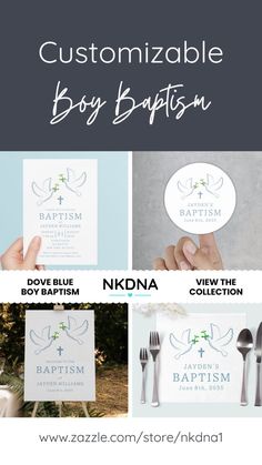 Boy baptism invitation, decor, and favors in baby blue and white colors, with a Christian cross, and two doves holding an olive branch. #boybaptism #baptism #bautizo Boy Baptism Ideas, Baptism Ideas, Boy Baptism, Baptism Invitations, Christian Cross, Olive Branch, Baby Blue, Blue And White, Blue