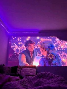 a bedroom scene with the princess and the frog on the wall, in purple light